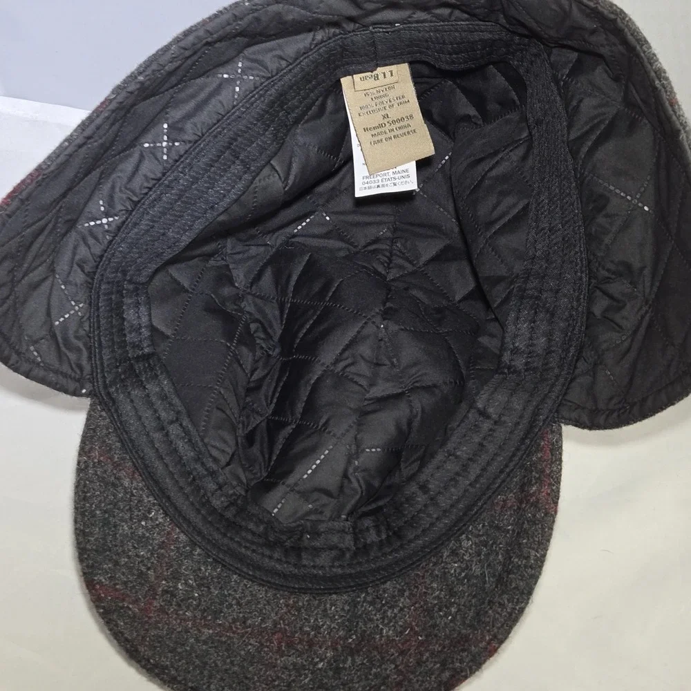 LL Bean Maine‎ Guide Wool Cap Adults XL PrimaLoft Plaid Ear Flaps Gray Red